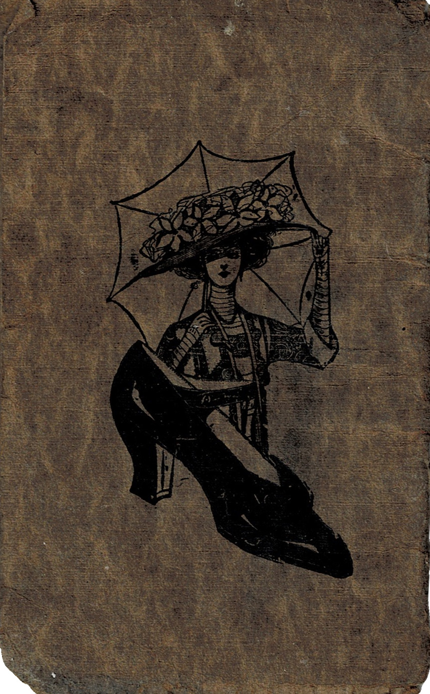 An illustration of a woman with a parasol, wearing a flowered wide-brim hat. She stands behind a big shoe.