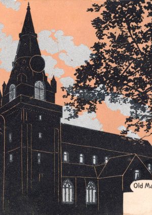 A black silhouette of trees and a stately cathedral on a background of metallic silver and gold, marked "Aberdeen" and "Old Machar Cathedral".